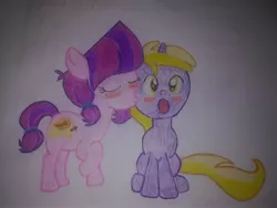 Size: 3968x2976 | Tagged: safe, artist:cmc--scootaloo, derpibooru import, dinky hooves, lily longsocks, earth pony, hedgehog, pony, unicorn, blushing, crush, cute, cutie mark, dinkily, eyes closed, female, filly, foal, foal romance, hnnng, kiss on the cheek, kissing, lesbian, raised hoof, romance, shipping, sitting, standing, surprised, traditional art