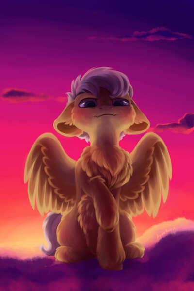 Size: 1242x1863 | Tagged: safe, artist:anvalina, derpibooru import, scootaloo, pegasus, pony, cheek fluff, chest fluff, cloud, ear fluff, female, floppy ears, fluffy, leg fluff, on a cloud, sky, solo, sunset