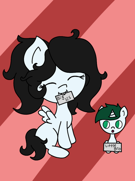 Size: 720x960 | Tagged: safe, artist:lightning135, derpibooru import, oc, oc:alfalfa, oc:kleo, unofficial characters only, pegasus, pony, unicorn, abstract background, brother and sister, bucktooth, digital art, duo, eyes closed, female, male, mouth hold, offspring, open mouth, parent:oc:deren, parent:oc:lightwave, parents:oc x oc, siblings, sign, spread wings, wings