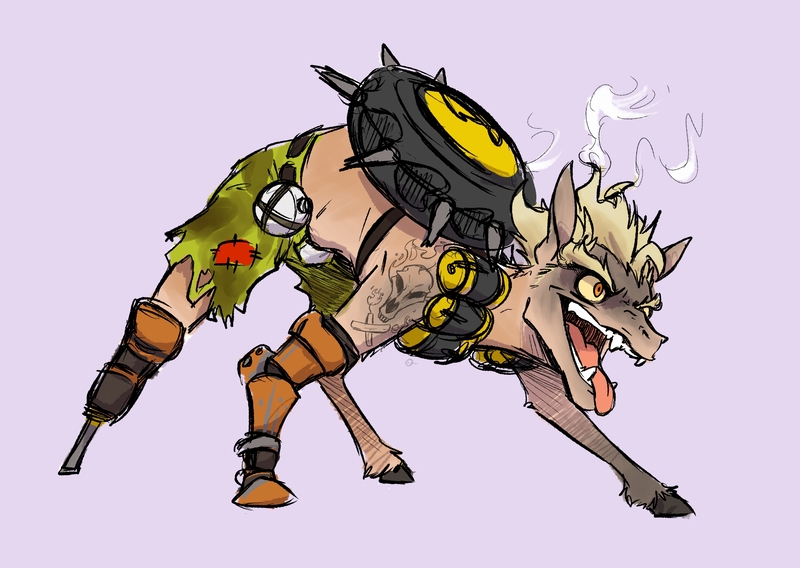 Size: 3549x2520 | Tagged: safe, artist:the-blackeye, derpibooru import, earth pony, pony, amputee, clothes, crossover, junkrat, male, overwatch, peg leg, prosthetic arm, prosthetic leg, prosthetic limb, prosthetics, riptire, sharp teeth, shorts, simple background, sketch, skull, smoke, solo, stallion, tattoo, teeth