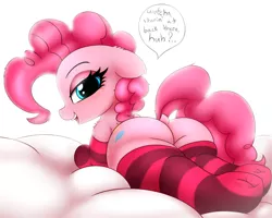 Size: 2500x2000 | Tagged: suggestive, artist:heavymetalbronyyeah, derpibooru import, pinkie pie, earth pony, pony, adorasexy, balloonbutt, bed, bedroom eyes, blushing, butt, clothes, cute, cutie mark, dialogue, diapinkes, dock, female, floppy ears, looking at you, looking back, looking back at you, mare, on bed, open mouth, pink socks, question, sexy, shoulder fluff, simple background, smiling, socks, solo, solo female, speech bubble, striped socks, talking, underhoof, white background