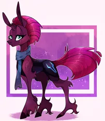 Size: 1565x1805 | Tagged: safe, artist:manella-art, derpibooru import, fizzlepop berrytwist, tempest shadow, pony, unicorn, alternate design, broken horn, cheek fluff, clothes, eye scar, female, horn, long ears, mare, scar, scar on the wrong side, scarf, unshorn fetlocks