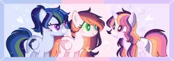 Size: 1280x449 | Tagged: safe, artist:nocturnal-moonlight, derpibooru import, oc, oc:irene, oc:moondust, oc:sparkle dash, unofficial characters only, alicorn, pegasus, pony, alicorn oc, base used, coat markings, colored wings, exclamation point, female, horn, interdimensional siblings, magical lesbian spawn, mare, multicolored wings, offspring, parent:rainbow dash, parent:twilight sparkle, parents:twidash, question mark, two toned wings, wings