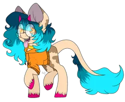 Size: 1280x1048 | Tagged: safe, artist:mintoria, derpibooru import, oc, oc:spots, earth pony, pony, clothes, female, glasses, hoodie, horns, mare, simple background, solo, tongue out, transparent background