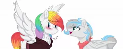 Size: 1280x515 | Tagged: safe, artist:rainbowpawsarts, derpibooru import, oc, oc:chalk, oc:rainbow paws, pegasus, pony, alternate universe, bandana, blushing, chest fluff, clothes, ear piercing, female, hoodie, male, mare, multicolored hair, piercing, rainbow hair, raised wings, rule 63, simple background, stallion, white background