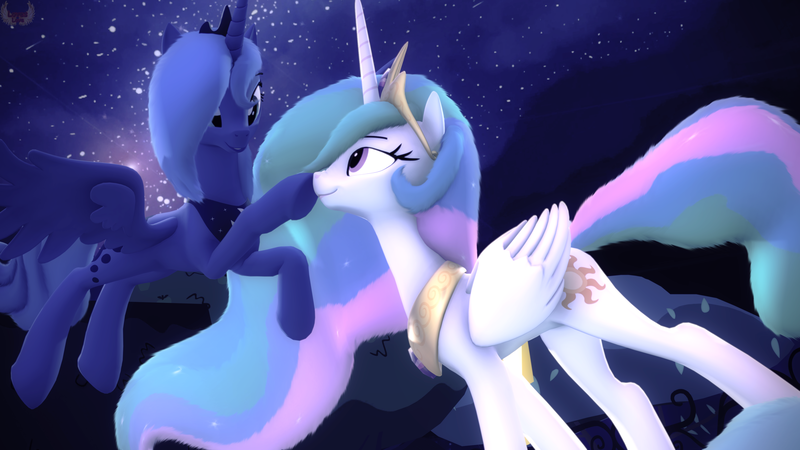 Size: 3840x2160 | Tagged: safe, artist:loveslove, derpibooru import, princess celestia, princess luna, pony, 3d, boop, cute, cutelestia, daaaaaaaaaaaw, female, lunabetes, royal sisters, siblings, sisterly love, sisters, source filmmaker