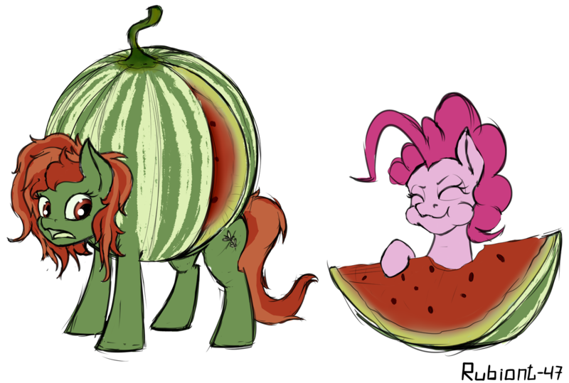 Size: 1500x1011 | Tagged: safe, artist:rubiont, derpibooru import, pinkie pie, oc, oc:withania nightshade, ponified, earth pony, food pony, original species, plant pony, pony, fetish, food, fruit, open wounds, plant, sketch, slice, tasty, watermelon