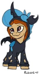 Size: 500x939 | Tagged: safe, artist:rubiont, derpibooru import, oc, oc:artist rubiont, oc:change, unofficial characters only, changeling, pony, blue changeling, camouflage, changeling costume, clothes, costume, disguise, kigurumi, plushie, simple background, sketch, solo, suit, transparent background