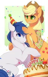 Size: 1254x2000 | Tagged: safe, artist:mr-tiaa, derpibooru import, applejack, oc, oc:constance everheart, earth pony, pony, birthday, birthday cake, blushing, cake, canon x oc, celebration, clothes, everjack, female, food, male, mare, noogie, shipping, shirt, stallion, straight