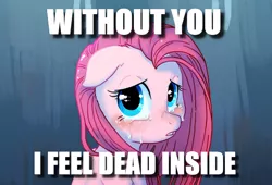 Size: 608x414 | Tagged: artist:c-puff, caption, derpibooru import, edit, image macro, looking at you, pinkamena diane pie, pinkie pie, sad, safe, text