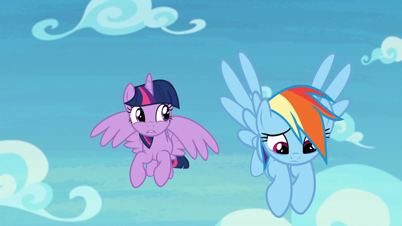 Size: 1920x1080 | Tagged: safe, derpibooru import, screencap, rainbow dash, twilight sparkle, twilight sparkle (alicorn), alicorn, pegasus, pony, the washouts (episode), cloud, cute, daaaaaaaaaaaw, dashabetes, female, flying, hnnng, mare, raised hoof, sad, sadorable, sky, woobie