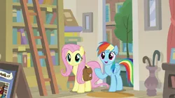 Size: 1920x1080 | Tagged: safe, derpibooru import, screencap, fluttershy, rainbow dash, pony, daring doubt, bag, book, bookshelf, ladder, saddle bag