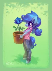Size: 1378x1893 | Tagged: safe, artist:holivi, derpibooru import, oc, oc:raylanda, unofficial characters only, anthro, earth pony, pony, unguligrade anthro, anthro oc, blue rose, clothes, commission, cute, daaaaaaaaaaaw, female, flower, holding, jeans, looking at something, ocbetes, pants, ponytail, pot, potted plant, rose, shirt, smiling, solo, t-shirt, younger