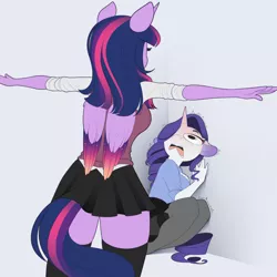 Size: 900x900 | Tagged: safe, artist:evehly, derpibooru import, rarity, twilight sparkle, twilight sparkle (alicorn), alicorn, anthro, unicorn, adorable distress, asserting dominance, clothes, colored wings, colored wingtips, cute, duo, error pose, faic, fear, female, floppy ears, folded wings, frown, gradient wings, mare, marshmelodrama, meme, miniskirt, open mouth, pantyhose, pleated skirt, rarity being rarity, scared, shirt, shivering, side slit, silly, skirt, socks, stockings, t pose, teary eyes, thigh highs, trembling, wide eyes, wikihow, wing fluff, wings, zettai ryouiki