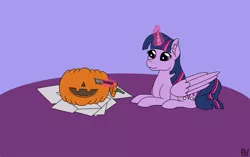 Size: 1275x802 | Tagged: safe, artist:nightwind-arts, derpibooru import, twilight sparkle, twilight sparkle (alicorn), alicorn, pony, carving, female, halloween, holiday, jack-o-lantern, knife, magic, mare, paper, prone, pumpkin, smiling, solo