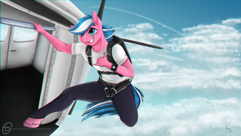 Size: 1920x1080 | Tagged: anthro, artist:obscuredragone, blue sky, call me maybe, derpibooru import, freedom, happy, oc, oc:chasing dawn, parachute, pegasus, photo, plane, ready to jump, safe, sky, skydiving, smiling, solo, sports, tight clothing, white shirt