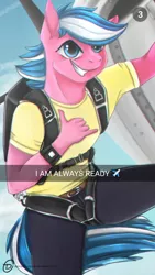 Size: 524x931 | Tagged: anthro, artist:obscuredragone, blue mane, derpibooru import, handsome, happy, mane, oc, oc:chasing dawn, parachute, pegasus, photo, pink, plane, safe, skydiving, smiling, snapchat, snaphorse, solo, yellow shirt
