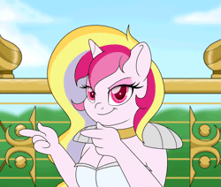 Size: 3585x3038 | Tagged: alicorn, alicorn oc, animated, anthro, armor, artist:raspberrystudios, bouncing, bouncing breasts, breasts, derpibooru import, finger spin, frame by frame, gif, horn, jewelry, multicolored mane, necklace, oc, oc:aurelia charm, oc:aureliacharm, safe, smug, unofficial characters only, wings