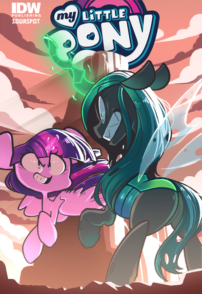 Size: 1058x1534 | Tagged: safe, alternate version, artist:sourspot, derpibooru import, idw, queen chrysalis, twilight sparkle, twilight sparkle (alicorn), alicorn, changeling, changeling queen, pony, angry, cover, female, fight, glowing horn, gritted teeth, horn, smiling