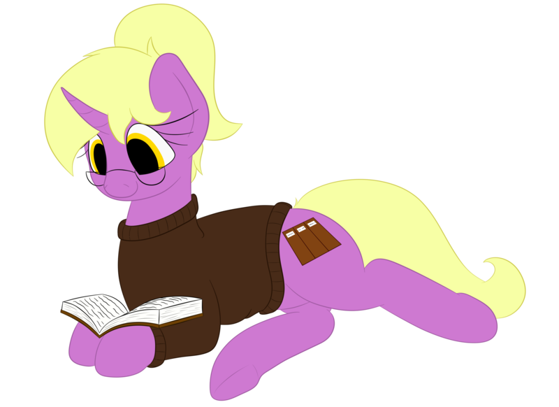 Size: 2750x2000 | Tagged: safe, artist:yannerino, derpibooru import, oc, oc:melissa, unofficial characters only, pony, unicorn, book, clothes, glasses, ponytail, reading, side, simple background, sweater, transparent background