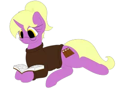 Size: 2750x2000 | Tagged: safe, artist:yannerino, derpibooru import, oc, oc:melissa, unofficial characters only, pony, unicorn, book, clothes, glasses, ponytail, reading, side, simple background, sweater, transparent background