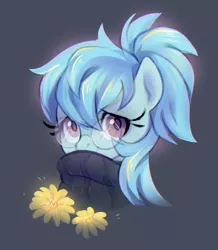 Size: 1012x1160 | Tagged: safe, artist:jumblehorse, artist:rexyseven, derpibooru import, oc, oc:whispy slippers, unofficial characters only, earth pony, pony, bust, clothes, cute, female, flower, glasses, looking at you, mare, ocbetes, portrait, smiling, solo, sweater, three quarter view, turtleneck