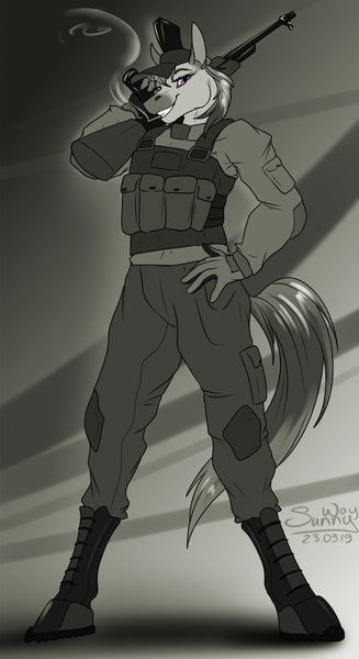 Size: 1000x1833 | Tagged: safe, artist:sunny way, derpibooru import, oc, anthro, earth pony, pony, ak-47, assault rifle, clothes, female, gun, mare, military, military uniform, patreon, patreon reward, rcf community, rifle, smiling, smoke, smoking, solo, uniform, weapon