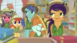 Size: 1920x1080 | Tagged: safe, derpibooru import, screencap, compass course, endeavour, peach fuzz, shutterbug, unnamed character, unnamed pony, pony, daring doubt, background pony, book, bookshelf, clothes, cosplay, costume, female, filly, hat, pith helmet