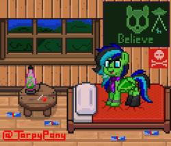 Size: 492x420 | Tagged: safe, artist:torpy-ponius, derpibooru import, oc, oc:torpy, unofficial characters only, alien, pony, pony town, animated, aseprite, bed, butt, energy drink, jumping, lava lamp, photoshop, pixel animation, pixel art, red bull