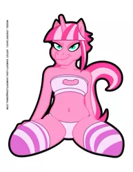 Size: 479x619 | Tagged: suggestive, artist:samoht-lion, derpibooru import, oc, oc:cherry days, unofficial characters only, anthro, unicorn, anthro oc, bandeau, belly button, bra, cat lingerie, clothes, cute, female, green eyes, kneeling, lingerie, mare, panties, pink coat, pink underwear, pony face, sexy, simple background, socks, solo, solo female, stockings, striped socks, thigh highs, underwear, white background