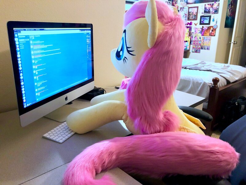 Size: 1280x960 | Tagged: safe, artist:natureshy, artist:qtpony, derpibooru import, fluttershy, pony, chair, computer, cute, desk, discord (program), fluffy, imac, internet, life size, photo, plushie, shyabetes, sitting