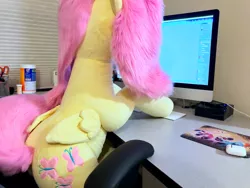 Size: 1280x960 | Tagged: safe, artist:natureshy, artist:qtpony, derpibooru import, fluttershy, pony, chair, computer, cute, desk, fluffy, life size, photo, plushie, shyabetes, side view, sitting, thicc ass, wide hips