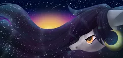 Size: 1024x484 | Tagged: safe, artist:oneiria-fylakas, derpibooru import, oc, unofficial characters only, pony, ethereal mane, galaxy mane, moon, pony bigger than a planet, space, stars, sun