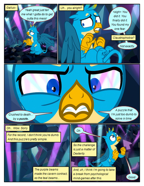 Size: 612x792 | Tagged: safe, artist:newbiespud, derpibooru import, edit, edited screencap, screencap, gallus, gryphon, pony, comic:friendship is dragons, what lies beneath, claustrophobia, comic, crystal, dialogue, eye reflection, laser, looking up, male, paw pads, paws, reflection, scared, screencap comic, sweat, toe beans, underpaw