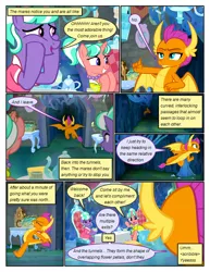 Size: 612x792 | Tagged: safe, artist:newbiespud, derpibooru import, edit, edited screencap, screencap, smolder, stepford ponies, dragon, earth pony, pony, unicorn, comic:friendship is dragons, what lies beneath, cave, chair, cheek squish, clothes, comic, cup, dialogue, dragoness, dress, eyes closed, female, flying, grin, jewelry, mare, necklace, pearl necklace, screencap comic, sitting, smiling, squishy cheeks, table, teacup, teapot, waving