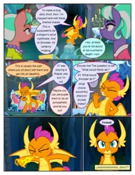 Size: 612x792 | Tagged: safe, artist:newbiespud, derpibooru import, edit, edited screencap, screencap, smolder, stepford ponies, dragon, earth pony, pony, unicorn, comic:friendship is dragons, what lies beneath, angry, cave, chair, cheek squish, clothes, comic, cup, dialogue, dragoness, dress, eyes closed, female, fire, fire breath, frown, grin, implied applejack, implied rainbow dash, jewelry, mare, necklace, pearl necklace, screencap comic, sitting, smiling, squishy cheeks, table, teacup, teapot, waving