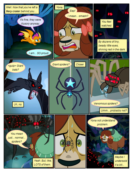 Size: 612x792 | Tagged: safe, artist:newbiespud, derpibooru import, edit, edited screencap, screencap, smolder, yona, bat, dragon, pony, yak, comic:friendship is dragons, what lies beneath, annoyed, arachnophobia, bow, climbing, comic, crystal, dialogue, dragoness, fangs, female, flying, glowing eyes, hair bow, implied rainbow dash, red eyes, scared, screencap comic, spider web, sweat