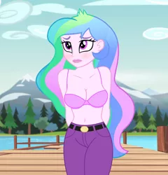 Size: 960x1000 | Tagged: suggestive, derpibooru import, edit, edited screencap, editor:ah96, screencap, princess celestia, equestria girls, legend of everfree, arm behind back, belly button, blushing, bra, breast edit, breasts, busty princess celestia, cleavage, clothes, cropped, female, lake, mountain, mountain range, pier, pink underwear, principal celestia, sexy, solo, solo female, underwear, underwear edit