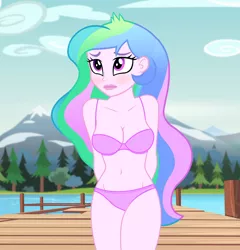 Size: 960x1000 | Tagged: suggestive, derpibooru import, edit, edited screencap, editor:ah96, screencap, princess celestia, equestria girls, legend of everfree, adorasexy, arm behind back, belly button, blushing, bra, breast edit, breasts, busty princess celestia, cleavage, clothes, cropped, cute, female, lake, mountain, panties, pier, pink underwear, principal celestia, sexy, solo, solo female, thighs, underwear, underwear edit