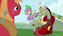 Size: 1280x720 | Tagged: safe, derpibooru import, screencap, big macintosh, discord, spike, draconequus, dragon, earth pony, pony, the big mac question, claws, male, spike is not amused, stallion, tail, unamused, winged spike