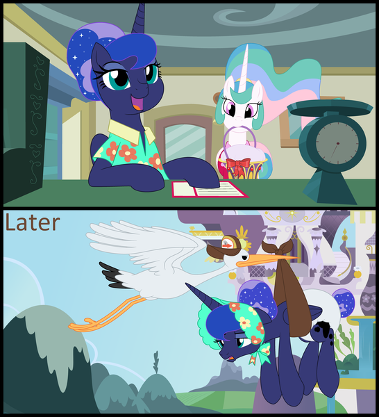 Size: 5600x6150 | Tagged: suggestive, artist:evilfrenzy, derpibooru import, princess celestia, princess luna, pony, between dark and dawn, 2 panel comic, bonnet, comic, diaper, diaper fetish, fetish, poofy diaper, stork