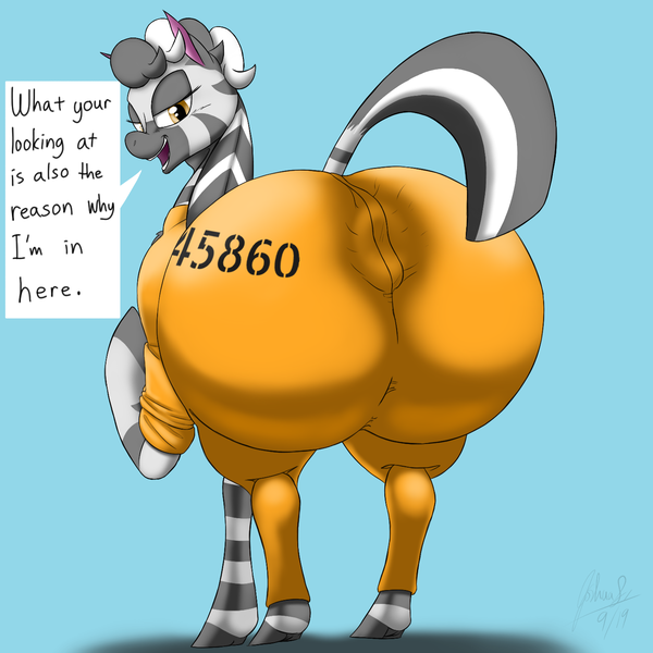 Size: 1440x1440 | Tagged: questionable, alternate version, artist:tracerpainter, derpibooru import, oc, oc:silver chips, zebra, anus, big anus, butt, clothes, dialogue, grammar error, huge butt, image, impossibly large butt, impossibly large ponut, inmate, jumpsuit, large butt, large ponut, looking at you, looking back, looking back at you, nudity, png, ponut, prison, prison outfit, prisoner, puffy anus, rear view, solo, the ass was fat, the ass was too fat, wide hips, zebra oc