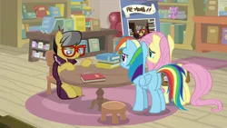 Size: 1920x1080 | Tagged: safe, derpibooru import, screencap, a.k. yearling, fluttershy, rainbow dash, pony, daring doubt, bag, book, bookshelf, saddle bag