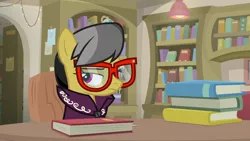 Size: 1920x1080 | Tagged: safe, derpibooru import, screencap, a.k. yearling, pony, daring doubt, book, glasses, solo