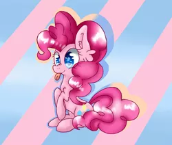 Size: 994x843 | Tagged: safe, artist:miraflower, derpibooru import, pinkie pie, earth pony, pony, :p, colored pupils, cute, cutie mark eyes, diapinkes, ear fluff, female, mare, sitting, solo, tongue out, wingding eyes