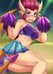 Size: 800x1120 | Tagged: 2 4 6 greaaat, anime, artist:tzc, blushing, breasts, cheerleader, clothes, derpibooru import, embarrassed, embarrassed underwear exposure, female, horn, horned humanization, human, humanized, legs, midriff, miniskirt, open mouth, panties, pleated skirt, pom pom, skirt, skirt lift, smolder, smolderriere, solo, solo female, sports bra, suggestive, tailed humanization, thighs, underwear, upskirt, white underwear, winged humanization, wings