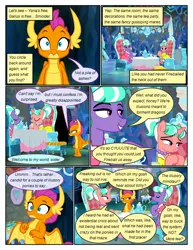 Size: 612x792 | Tagged: safe, artist:newbiespud, derpibooru import, edit, edited screencap, screencap, smolder, stepford ponies, unnamed character, unnamed pony, dragon, earth pony, pony, unicorn, comic:friendship is dragons, what lies beneath, cave, chair, cheek squish, clothes, comic, crystal, cup, dialogue, dragoness, dress, eyes closed, female, grin, jewelry, mare, necklace, pearl necklace, screencap comic, sitting, smiling, squishy cheeks, surprised, table, teacup, teapot, waving