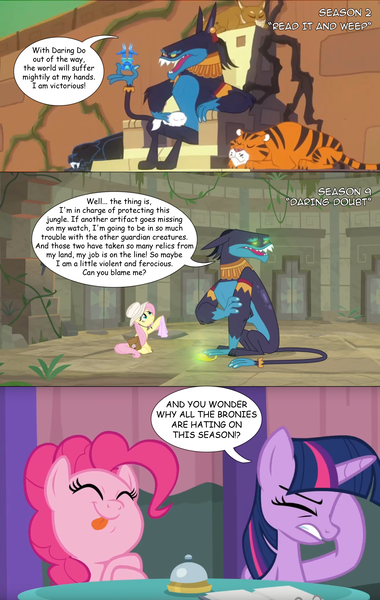 Size: 2160x3407 | Tagged: safe, derpibooru import, edit, edited screencap, editor:wild stallions, screencap, ahuizotl, fluttershy, pinkie pie, twilight sparkle, twilight sparkle (alicorn), alicorn, pony, a trivial pursuit, daring doubt, read it and weep, ahuizotl's cats, continuity error, drama, facehoof, implied daring do, implied doctor caballeron, season 9 drama, speech bubble, tongue out, truth talisman