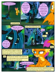 Size: 612x792 | Tagged: safe, artist:newbiespud, derpibooru import, edit, edited screencap, screencap, ocellus, queen chrysalis, smolder, changedling, changeling, changeling queen, dragon, pony, comic:friendship is dragons, what lies beneath, ..., begging, cave, comic, corrupted, crossed arms, crystal, dialogue, dragoness, eyes closed, female, grin, happy, looking back, sad, screencap comic, smiling, smirk