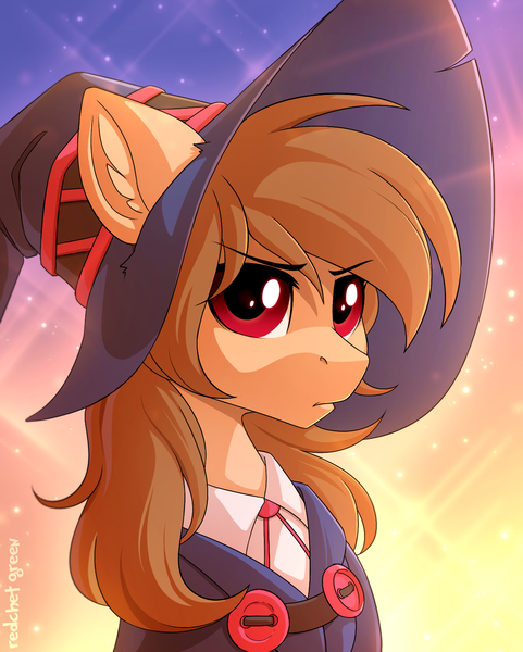 Size: 1200x1497 | Tagged: safe, artist:redchetgreen, derpibooru import, oc, oc:fun fact, unofficial characters only, earth pony, pony, clothes, female, hat, mare, red eyes, solo, unamused, witch hat